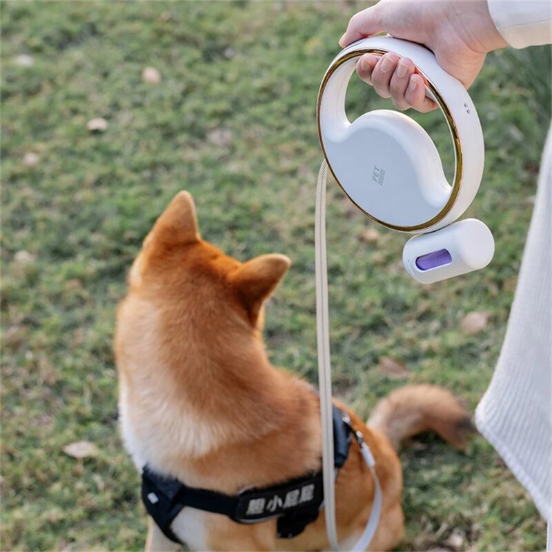 Dog Leash 3m Automatic Retractable with Flash Light and Garbage Nylon Rope Anti-slip Handle Adjustable Round Style Pet Leash