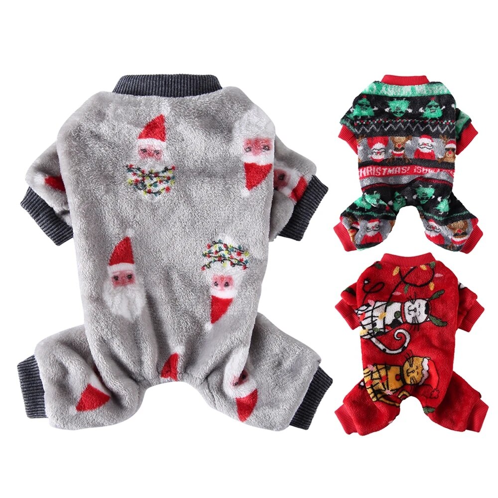 Christmas Pet Clothes Cute Cartoon Printed Dog Jumpsuit Rompers Soft Polyester Puppy Pajamas Cozy Pjs for Dogs Cats