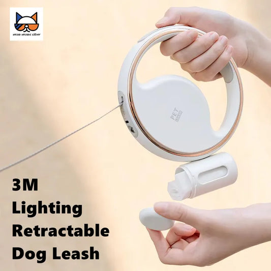 Dog Leash 3m Automatic Retractable with Flash Light and Garbage Nylon Rope Anti-slip Handle Adjustable Round Style Pet Leash