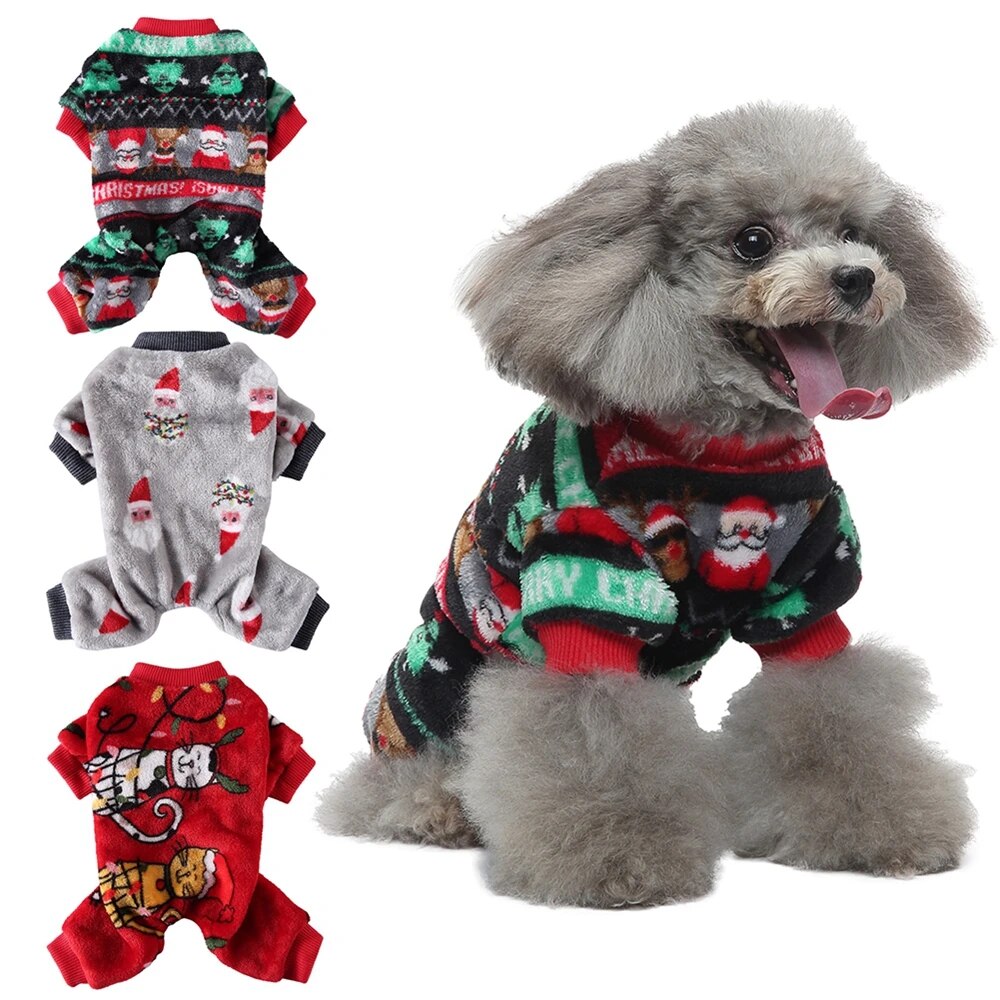 Christmas Pet Clothes Cute Cartoon Printed Dog Jumpsuit Rompers Soft Polyester Puppy Pajamas Cozy Pjs for Dogs Cats